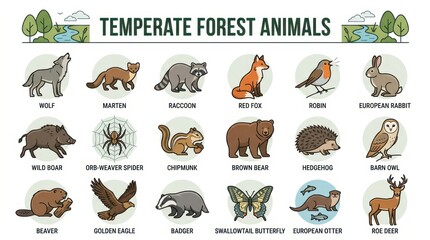 Fototapeta premium Educational Infographic of Temperate Forest Animals Vector Icons Set Featuring Wolf, Fox, Bear, and More