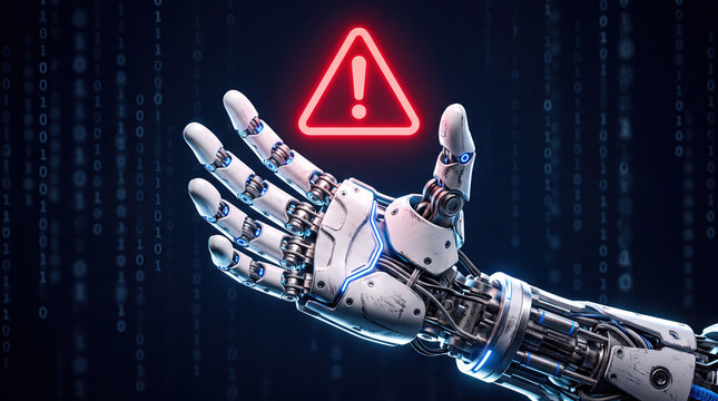 Robotic Hand Raised with Glowing Red Warning Triangle Icon, Artificial Intelligence System Failure and Cybersecurity Alert Concept