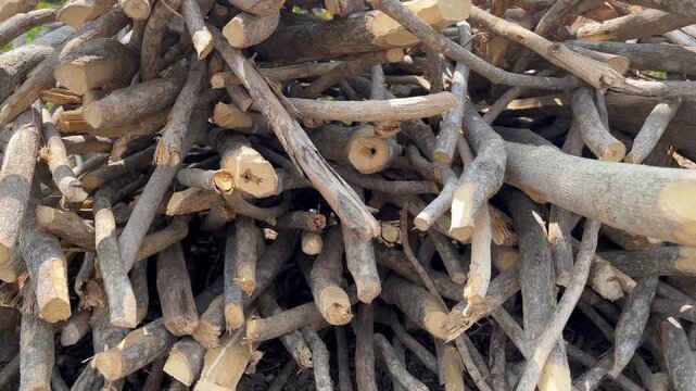 Close up of chopped dry firewood logs pile texture