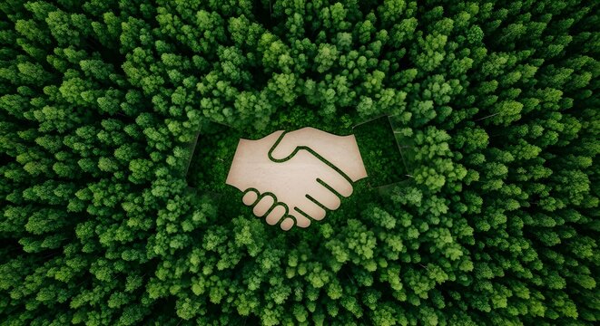 Handshake symbol shaped inside a dense green forest aerial view representing sustainable business partnership and eco friendly corporate environmental responsibility