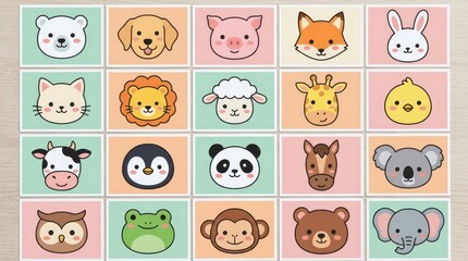 Fototapeta premium Cute Kawaii Animal Face Icons Set for Kids Education and Nursery Decor - 20 Minimalist Cartoon Animal Avatars