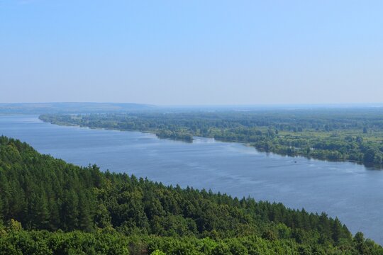 Landscape, panoramic view of the Kama River bed and low floodplain bank, Udmurtia, Russia