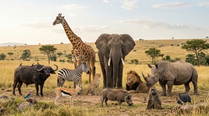 Fototapeta premium Group of Wild African Animals in the Savanna Grassland with Elephant Giraffe Lion Rhino and Zebra