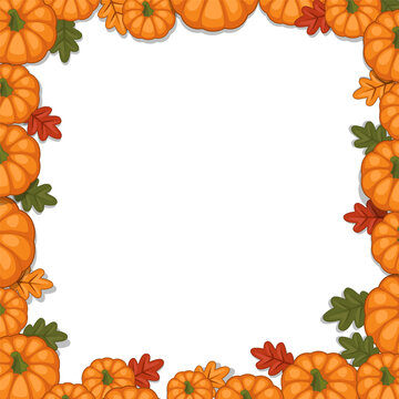 Autumn Pumpkin Frame with Fall Leaves &ndash; Thanksgiving and Halloween Vector Border