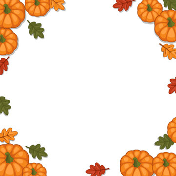 Autumn Pumpkin Border with Fall Leaves &ndash; Decorative Thanksgiving Halloween Vector