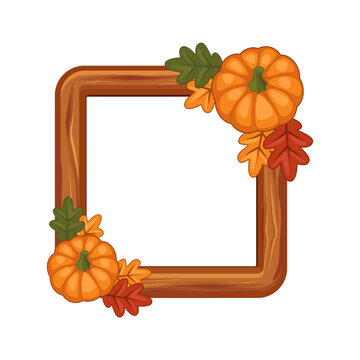 Thanksgiving Square Wooden Frame with Pumpkins and Autumn Leaves