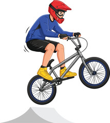 Fototapeta premium A stylized illustration of a young cyclist performing a jump on a BMX bike.