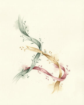 Elegant Watercolor Illustration Featuring Intertwined Organic Ribbons and Delicate Floral Sprigs in Soft Pastel Tones on a Cream Background