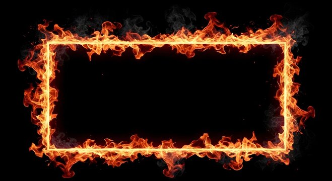 Fire frame rectangular border glowing with intense orange flames on a solid black background for dynamic commercial design projects