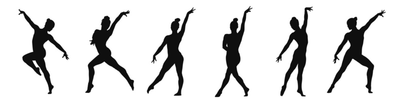 Rhythmic gymnast silhouettes set in elegant dancing and pose motions vector illustration