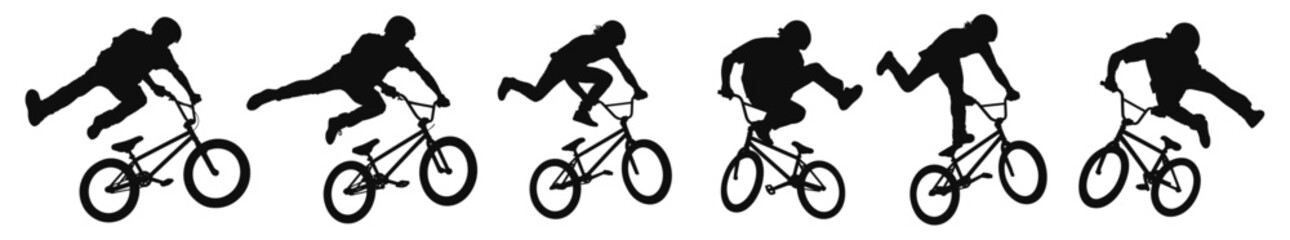 Fototapeta premium BMX rider silhouettes set performing jumping tricks on bicycle vector illustration