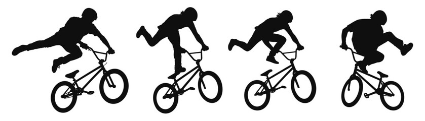 Fototapeta premium BMX rider silhouettes set performing jumping tricks on bicycle vector illustration