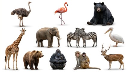 Fototapeta premium Diverse Collection of Wild Animals Including Elephant, Giraffe, Zebra, Bears, and Birds Isolated on White Background