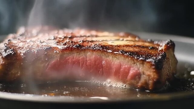 Cinematic macro close-up video of a fresh steak searing on a hot pan, with juicy fat crackles and glistens as it melts, creating tiny bubbles of oil around the edges