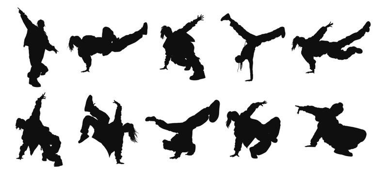 Woman Breakdance street dancers silhouettes set in energetic hip hop poses vector illustration