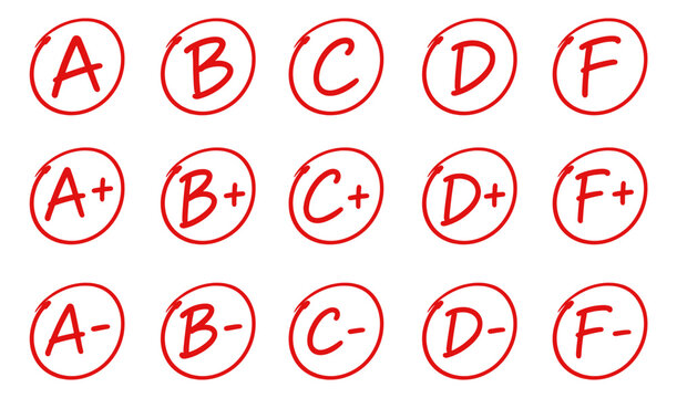 Red circle exam letter grades set A B C D F for test result vector illustration