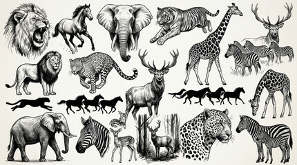 Fototapeta premium Detailed Hand-Drawn Wild Animal Sketches Collection Featuring Lion, Elephant, Tiger, Giraffe, Zebra, and Deer
