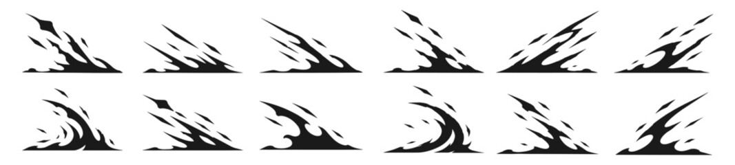 Comic water splash and motion impact speed effects set black silhouette vector illustration © Hikmat Studios