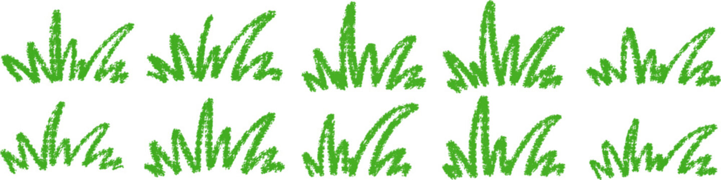 Hand drawn green crayon grass tufts set for nature landscape elements vector illustration