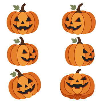 Stylized vector illustration of six spooky orange jack-o'-lantern pumpkins featuring varied carved facial expressions for vibrant holiday decorative design projects