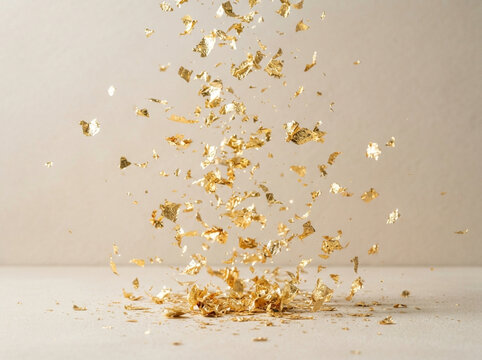 Golden foil flakes falling on neutral background, shimmering gold leaf confetti, luxury metallic texture for holiday celebration