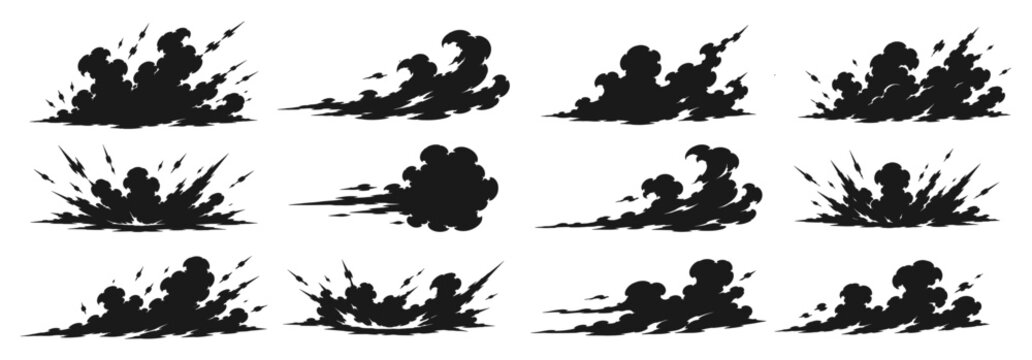 Comic explosion smoke clouds set vector illustration flat style