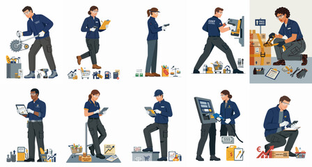 Obraz premium Set of diverse workers in blue uniforms performing logistics, warehouse, maintenance, and delivery tasks, illustrated in a flat vector style.