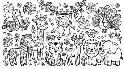 Fototapeta premium Cute Jungle Animals Coloring Page for Kids with Lion, Elephant, Giraffe, Tiger, and Monkey in a Tropical Forest Setting