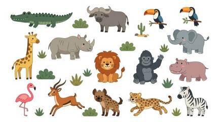 Fototapeta premium Cute African Safari Animal Collection with Lion Elephant Giraffe Zebra and More Vector Illustration Set for Kids