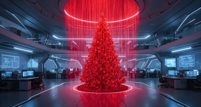 A futuristic open-plan office with a central red fiber-optic Christmas tree that shifts patterns in a mesmerizing display.
