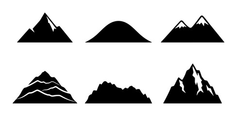 Mountain Icons Set, Diverse Peak Silhouettes, Black and White Landscape Graphics, Vector Art Collection for Outdoor Adventure and Nature Themes © Tuli