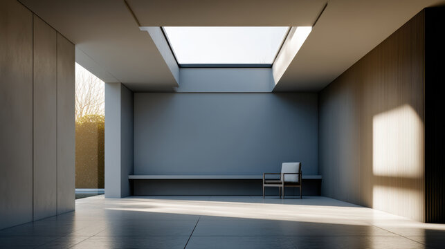 Minimalist interior with skylight empty room modern chair sunlight clean lines serene atmosphere architectural design spacious layout