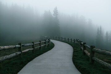 Obraz premium A Winding Path Through a Misty Forest with Wooden Fences.