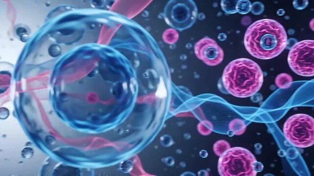 Microscopic cell division process with flowing dna strands in blue background.