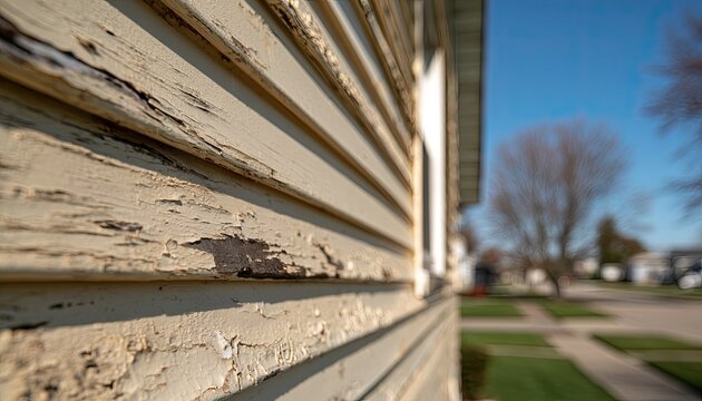 Close-up of peeling paint on weathered wooden siding of a house.