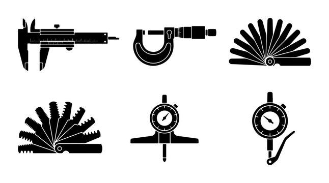 Precision Measuring Tools Vector Icons Set: Caliper, Micrometer, Gauge, Feeler Gauge Collection for Engineering and Technical Design