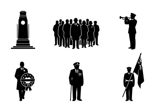 Commemoration Icons Set: Monument, Wreath, Soldier, Bugler, Group, Flag Vector Graphics for Remembrance Day, Memorial Services, Military History