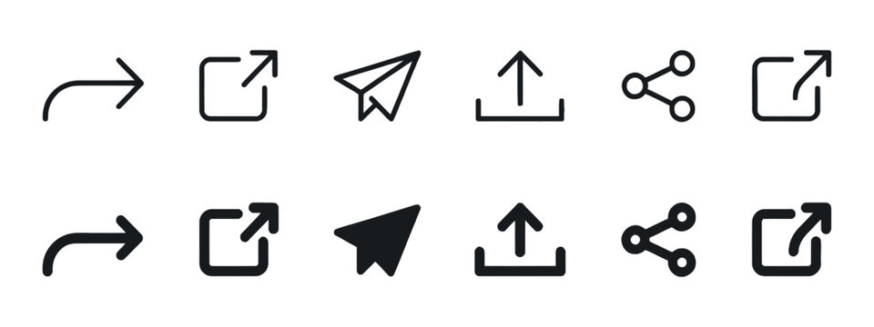 Collection of flat pictogram return, expand, envelope, upload, share, link and arrow icons representing actions and connectivity