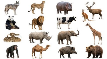 Obraz premium Large Collection of Diverse Wild and Domestic Animals Isolated on White Background for Educational and Design Use