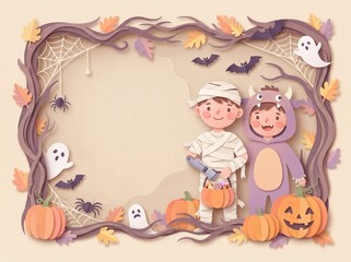 Naklejka premium Spooky 3D paper cut Halloween frame template of a disabled child with prosthetic arm in mummy costume and monster friend