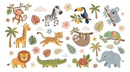 Fototapeta premium Cute Cartoon Jungle Animals and Tropical Plants Collection Set for Kids Illustration