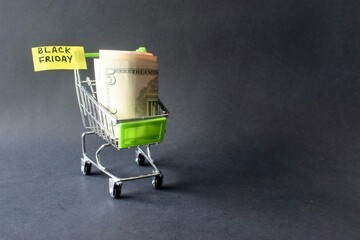 Mini shopping cart loaded with rolled US dollar bills and labeled with a Black Friday tag, symbolizing big spending, holiday shopping budgets, and retail deals. © Akram
