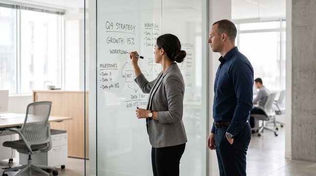Two business colleagues analyzing Q4 growth strategy and workflow milestones on glass whiteboard in modern office, corporate planning session, teamwork, professional discussion