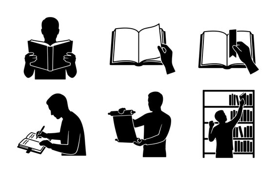 Reading and Learning Icons Set: Silhouette Figures Engaged in Education, Knowledge Acquisition, and Library Activities, Vector Graphics for Study and Information