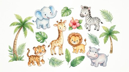 Fototapeta premium Cute Watercolor Safari Animals and Tropical Leaves Set for Nursery Decor - Elephant, Lion, Tiger, Giraffe, Zebra, Hippo