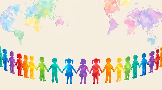 Diverse group of watercolor children holding hands together in front of a world map background with children