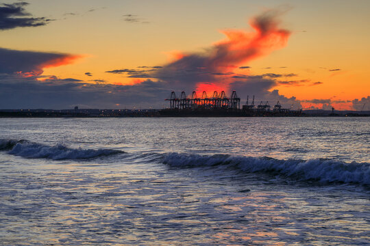 Sunset over the Baltic Sea beach in Gorki Zachodnie, Gdansk. Poland