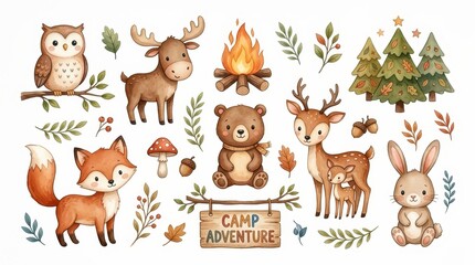 Fototapeta premium Cute Watercolor Forest Animals and Camping Adventure Clipart Set with Fox Bear Deer Owl and Moose for Nursery Decor
