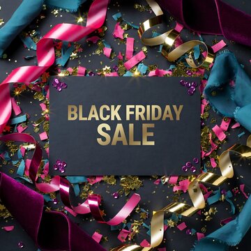 Black friday sale announcement with vibrant confetti and gold lettering