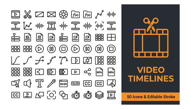 Set of 50 video editing and timeline thin line icons for professional video production